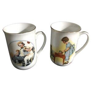 Norman Rockwell Mugs Lot of 2 Party Time And Vacations Over 1981 Vintage